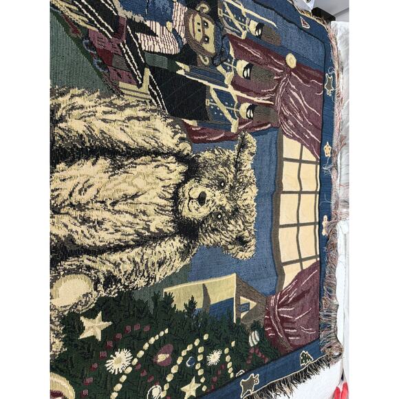 Vintage Christmas Tapestry Throw Blanket Teddy Train Soldiers Fringe Nostalgic - Picture 8 of 15